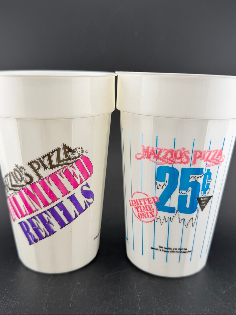 2 Vintage 1980s Mazzios Pizza Cool Quarter Refill Plastic Cup Retro Memorabilia